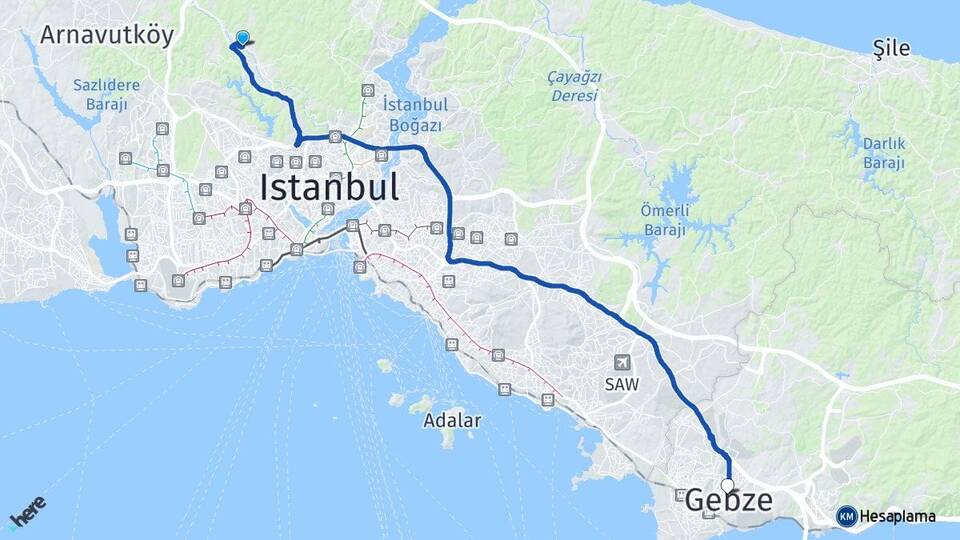 İstanbul Eyüpsultan Göktürk Gebze Kocaeli Arası Kaç Km - Yol Haritası