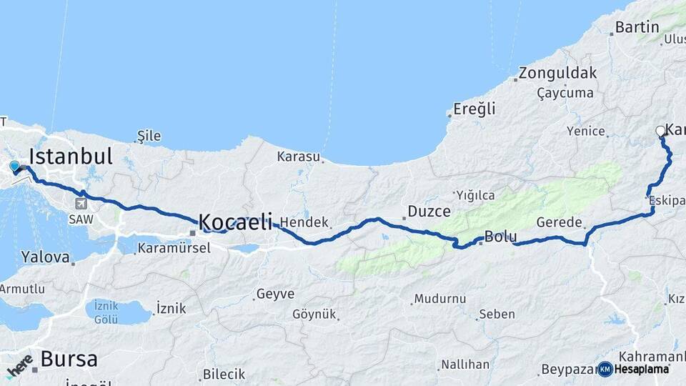İstanbul Eyüpsultan Karabük Arası Kaç Km - Yol Haritası