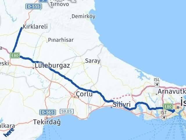 İstanbul Eyüpsultan Kırklareli Arası Kaç Km - Yol Haritası