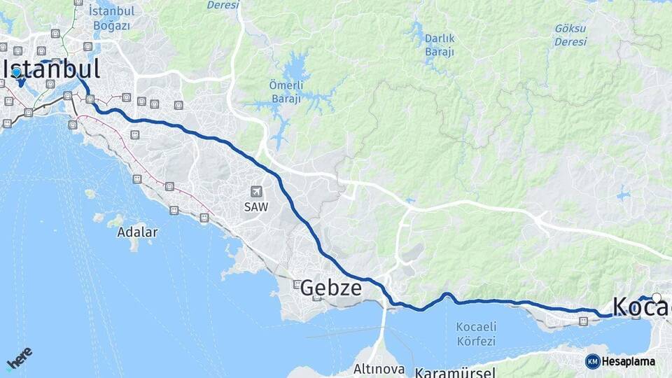 İstanbul Eyüpsultan Kocaeli Arası Kaç Km - Yol Haritası