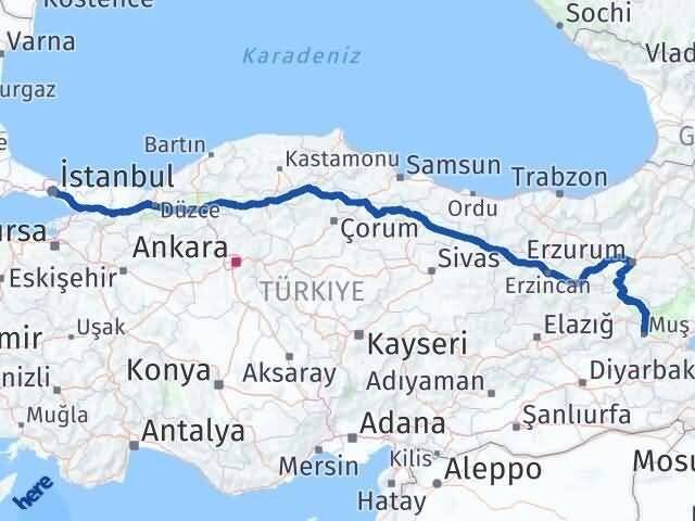 İstanbul Eyüpsultan Muş Arası Kaç Km - Yol Haritası