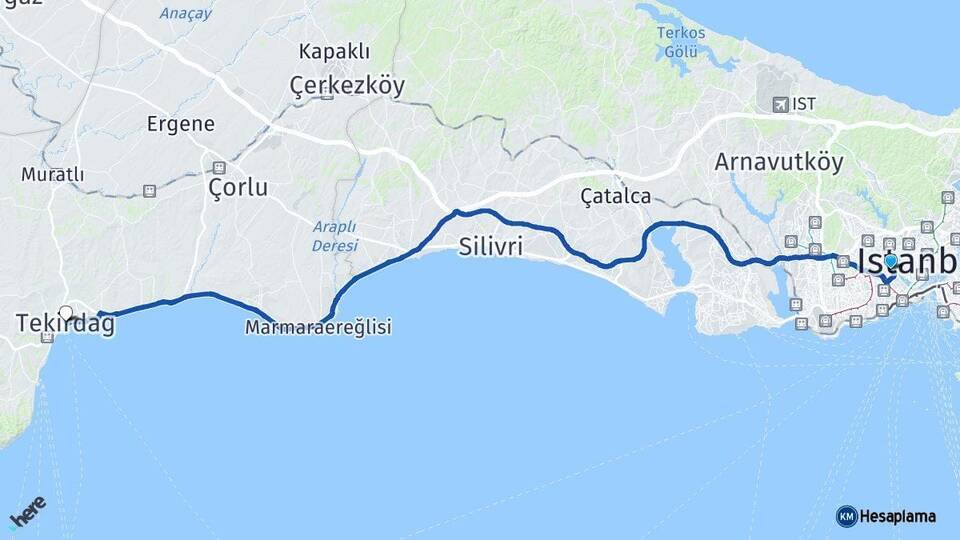 İstanbul Eyüpsultan Tekirdağ Arası Kaç Km - Yol Haritası