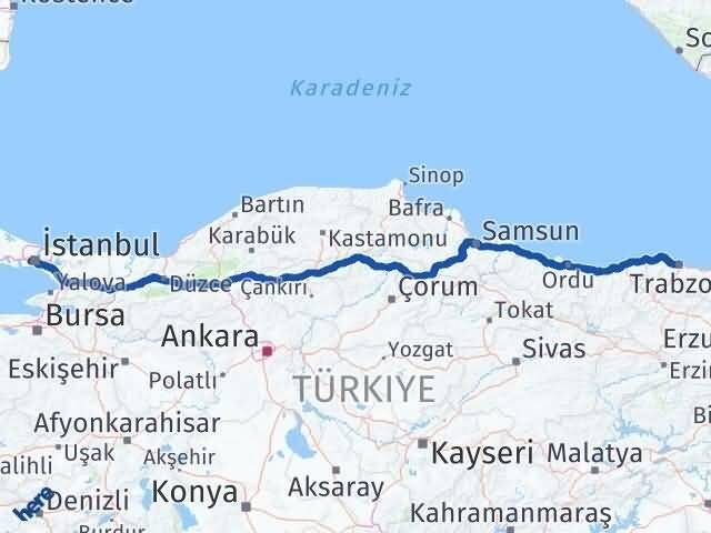 İstanbul Eyüpsultan Trabzon Arası Kaç Km - Yol Haritası