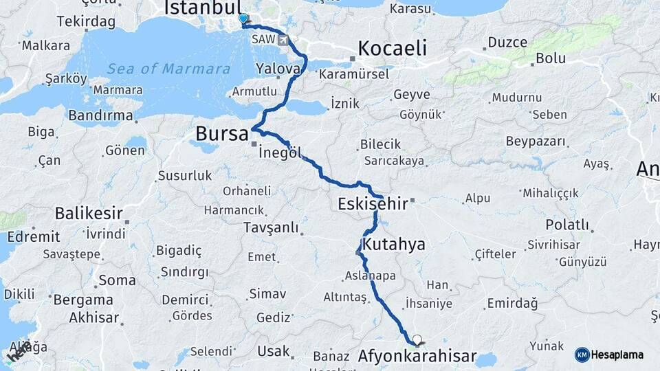 İstanbul Fatih Afyonkarahisar Arası Kaç Km - Yol Haritası