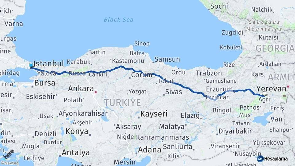 İstanbul Fatih Ağrı Arası Kaç Km - Yol Haritası