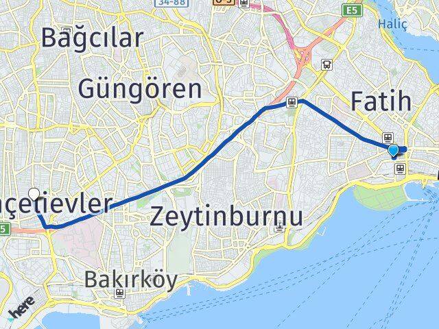 İstanbul Fatih Aksaray Bahçelievler Arası Kaç Km - Yol Haritası