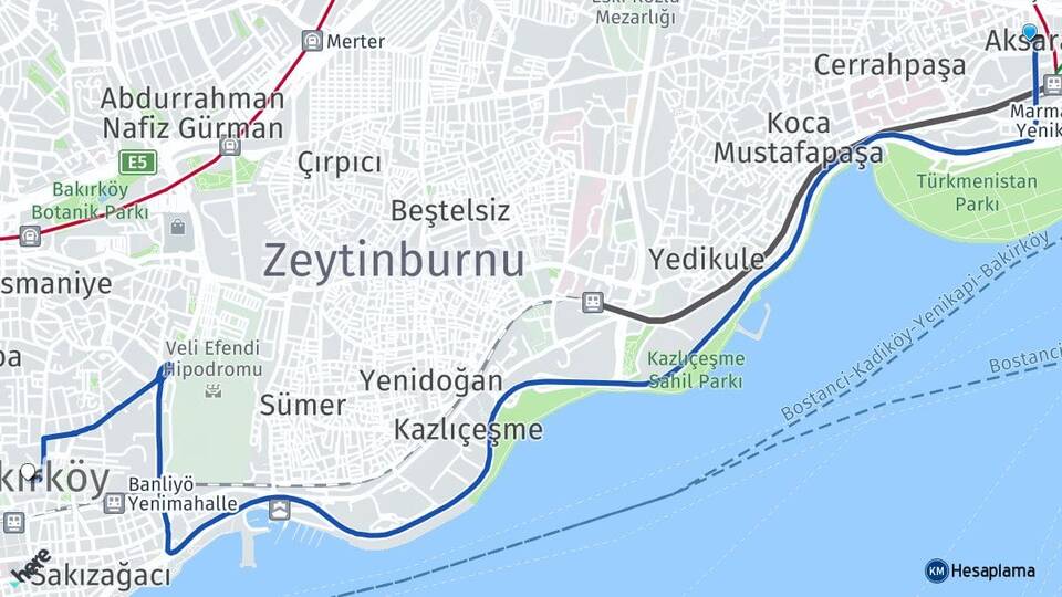 İstanbul Fatih Aksaray Bakırköy Arası Kaç Km - Yol Haritası