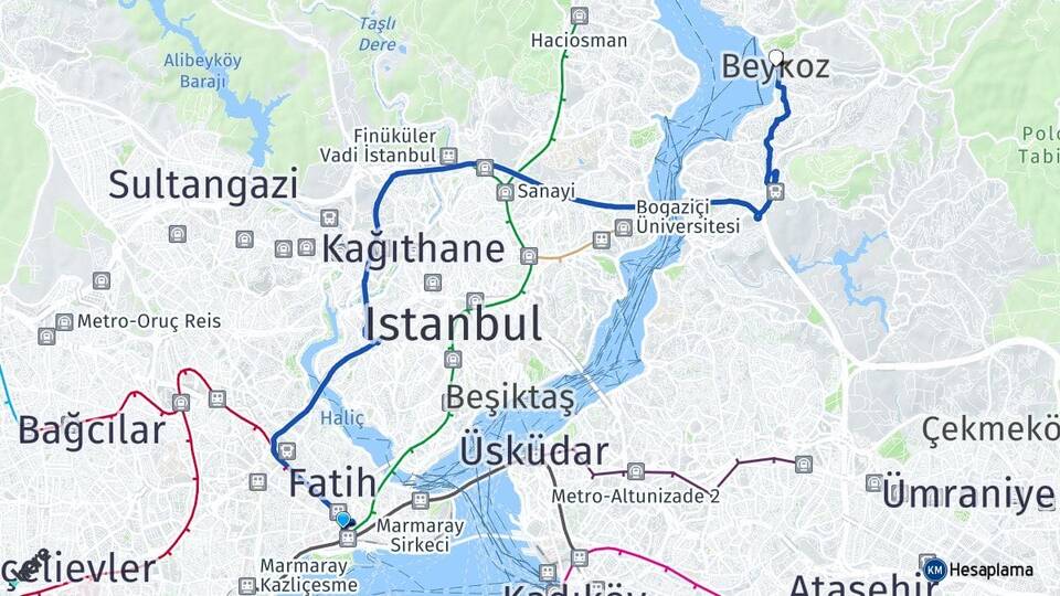 İstanbul Fatih Aksaray Beykoz Arası Kaç Km - Yol Haritası