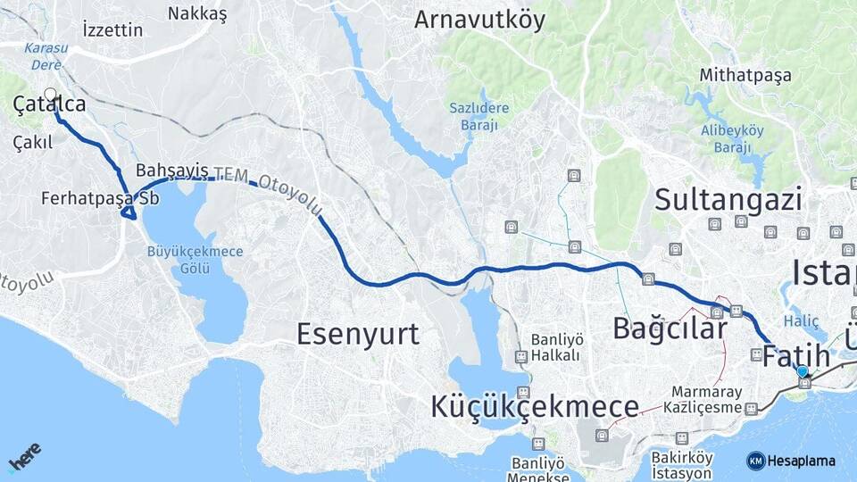 İstanbul Fatih Aksaray Çatalca Arası Kaç Km - Yol Haritası
