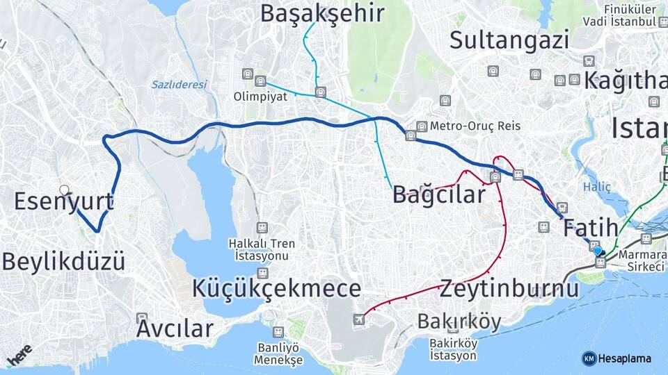 İstanbul Fatih Aksaray Esenyurt Arası Kaç Km - Yol Haritası