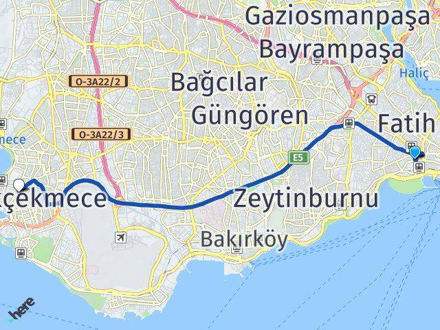 İstanbul Fatih Aksaray Küçükçekmece Arası Kaç Km - Yol Haritası
