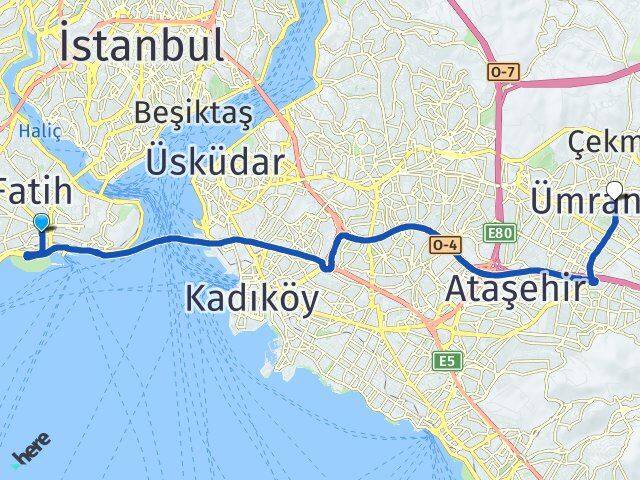 İstanbul Fatih Aksaray Ümraniye Arası Kaç Km - Yol Haritası