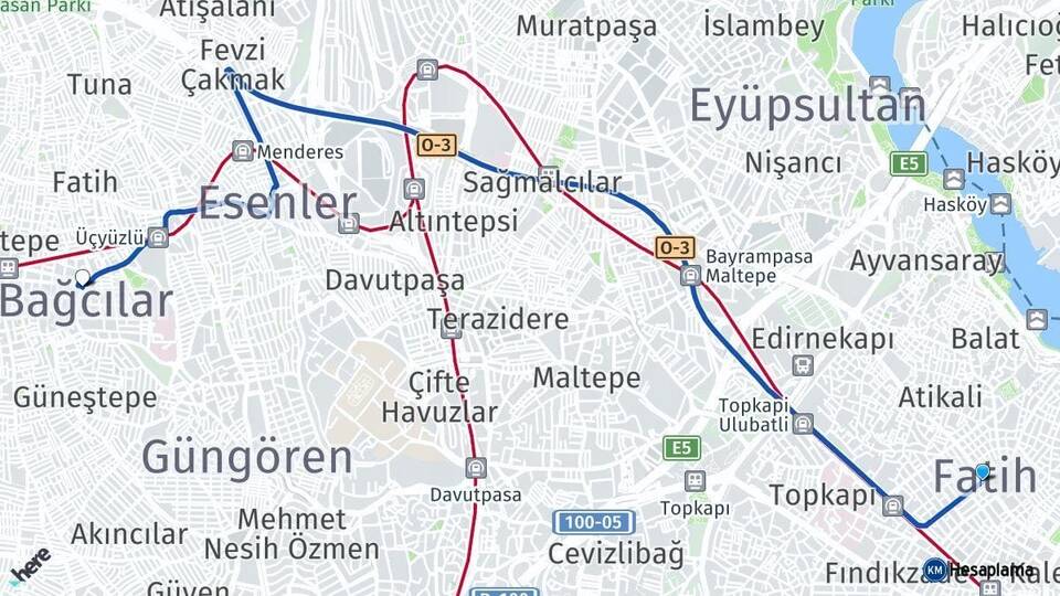 İstanbul Fatih Bağcılar Arası Kaç Km - Yol Haritası