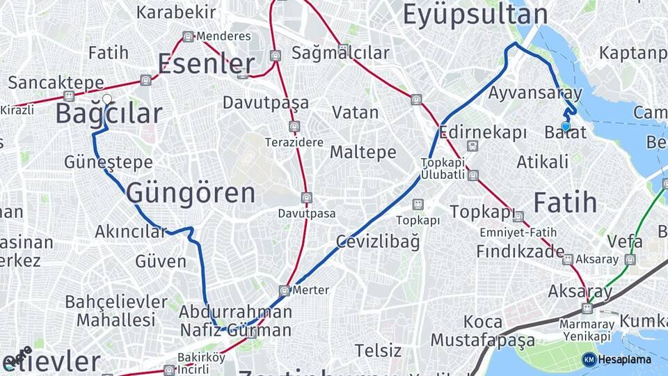 İstanbul Fatih Balat Bağcılar Arası Kaç Km - Yol Haritası