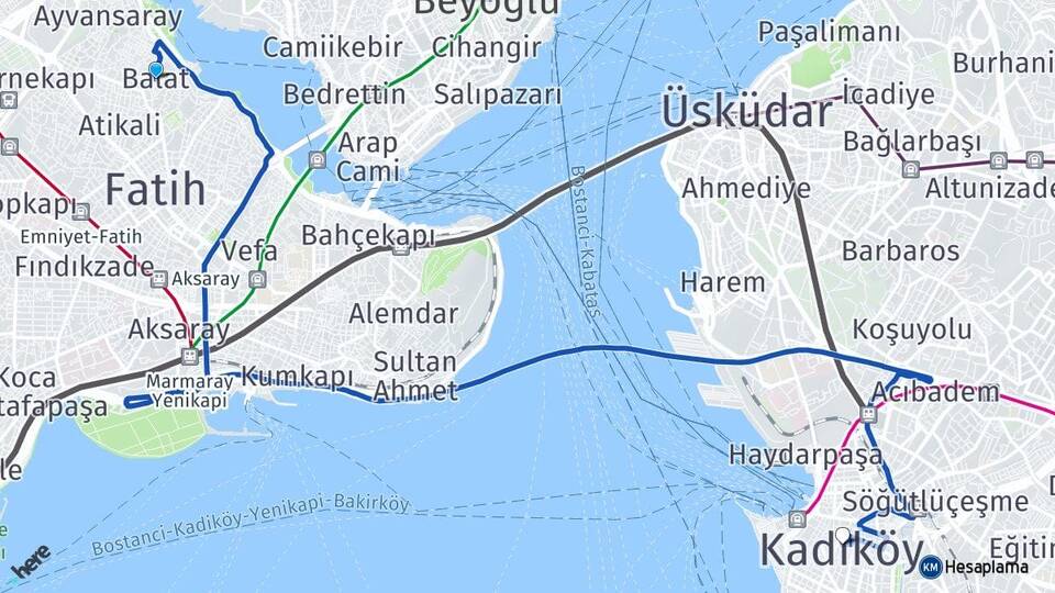 İstanbul Fatih Balat Kadıköy Arası Kaç Km - Yol Haritası