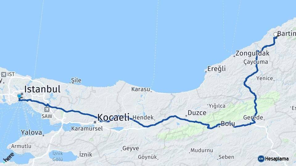 İstanbul Fatih Bartın Arası Kaç Km - Yol Haritası