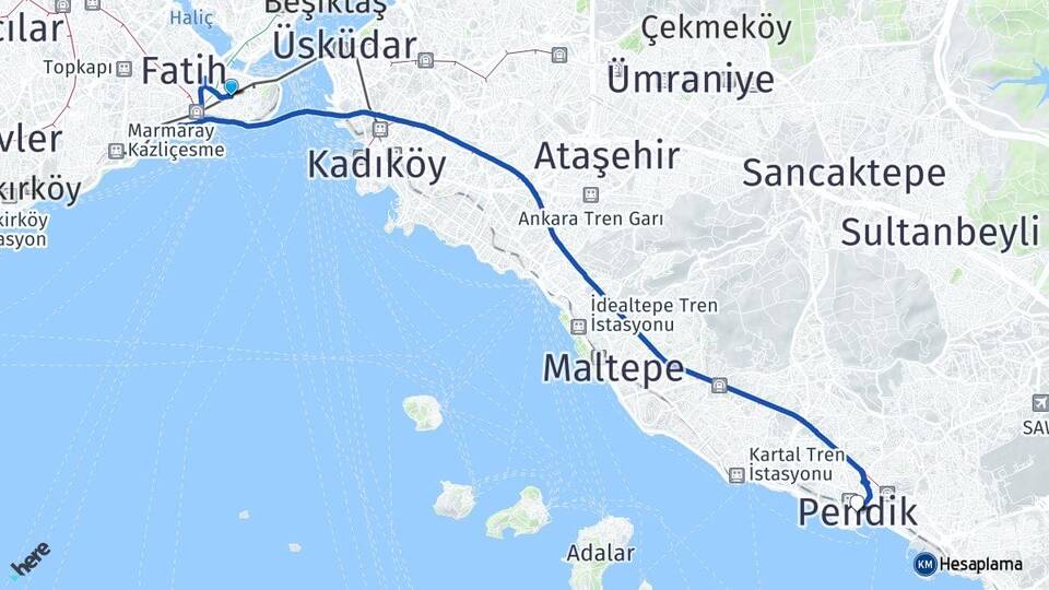 İstanbul Fatih Beyazıt Pendik Arası Kaç Km - Yol Haritası
