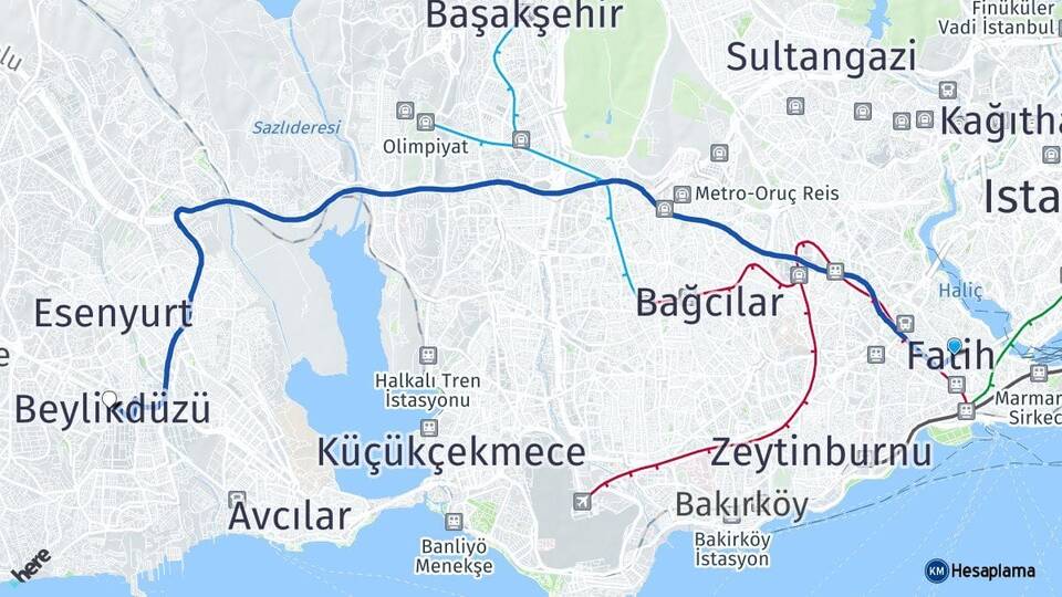 İstanbul Fatih Beylikdüzü Arası Kaç Km - Yol Haritası
