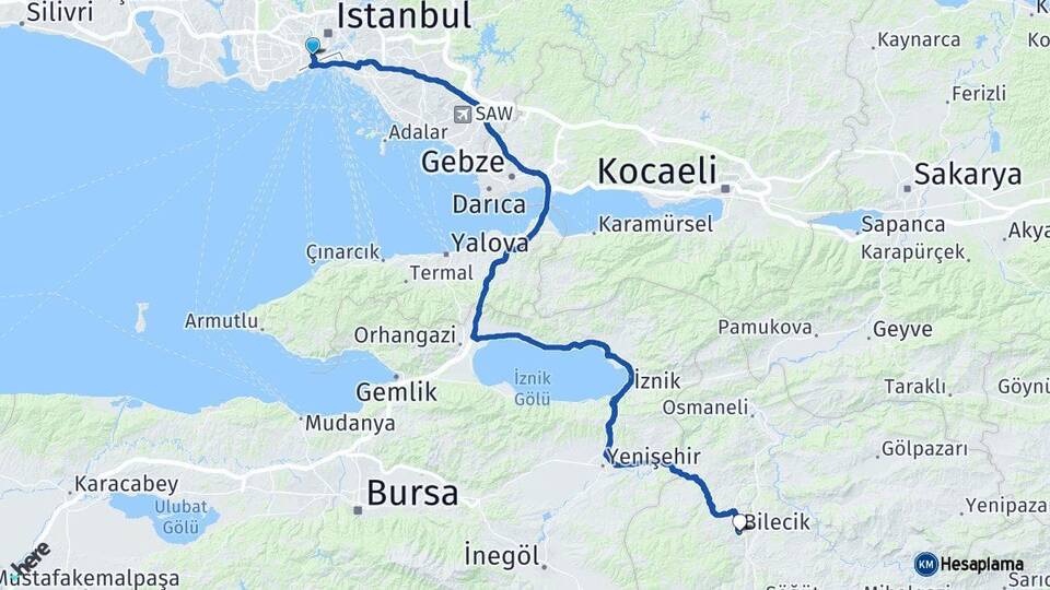 İstanbul Fatih Bilecik Arası Kaç Km - Yol Haritası