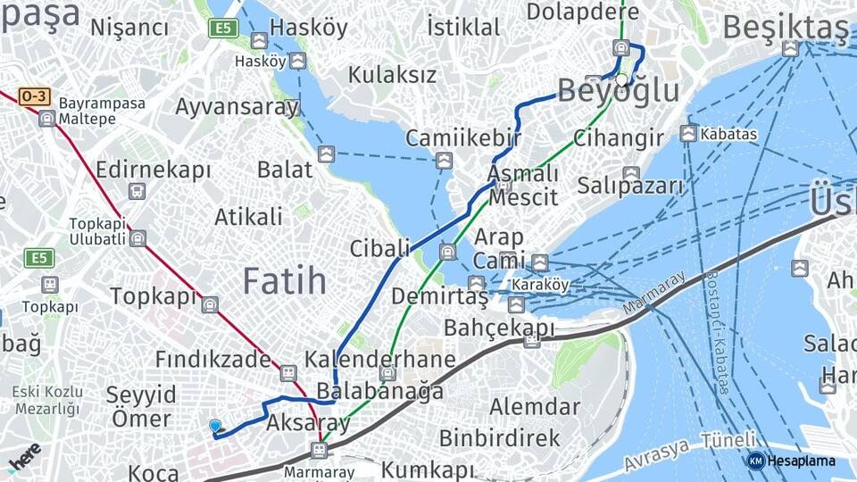 İstanbul Fatih Cerrahpaşa Beyoğlu Arası Kaç Km - Yol Haritası