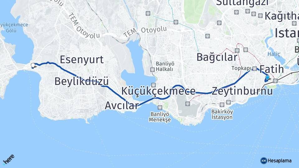İstanbul Fatih Cerrahpaşa Büyükçekmece Arası Kaç Km - Yol Haritası