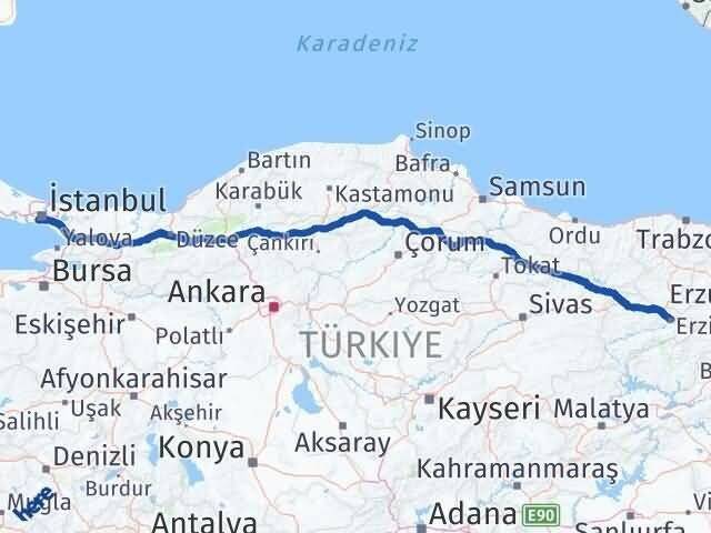 İstanbul Fatih Erzincan Arası Kaç Km - Yol Haritası