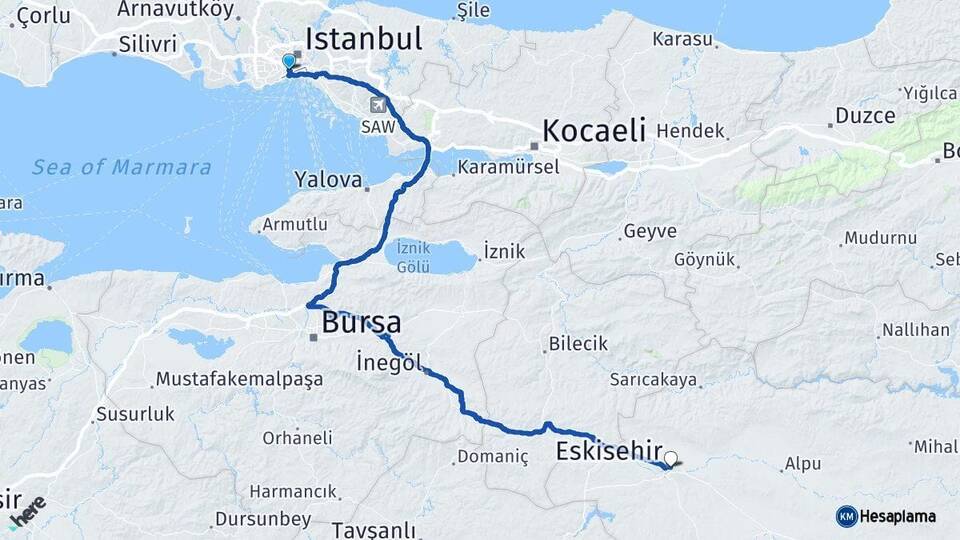 İstanbul Fatih Eskişehir Arası Kaç Km - Yol Haritası