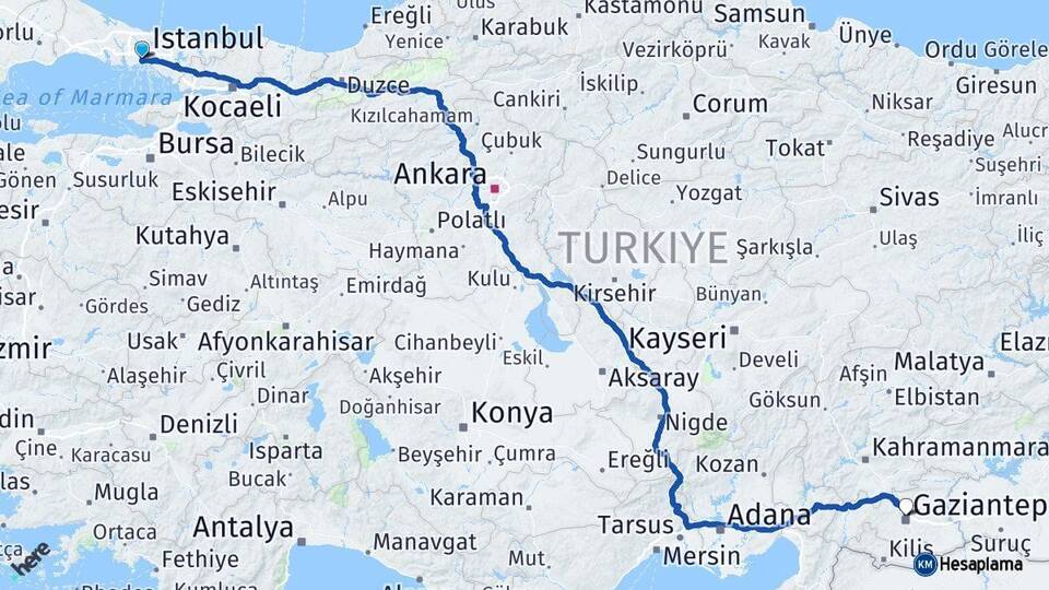 İstanbul Fatih Gaziantep Arası Kaç Km - Yol Haritası