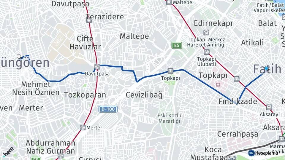 İstanbul Fatih Güngören Arası Kaç Km - Yol Haritası