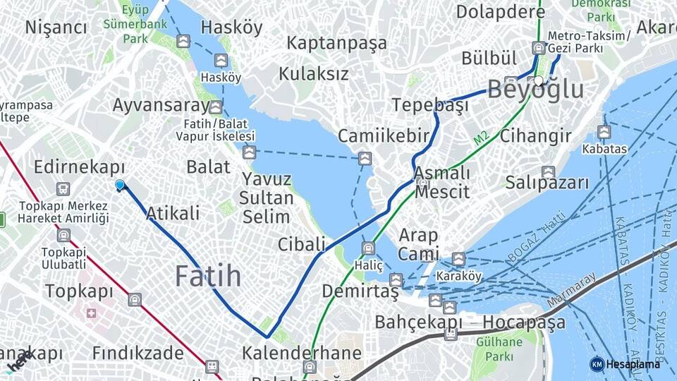 İstanbul Fatih Karagümrük Beyoğlu Arası Kaç Km - Yol Haritası
