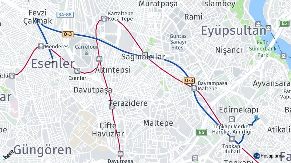 İstanbul Fatih Karagümrük Esenler Arası Kaç Km - Yol Haritası