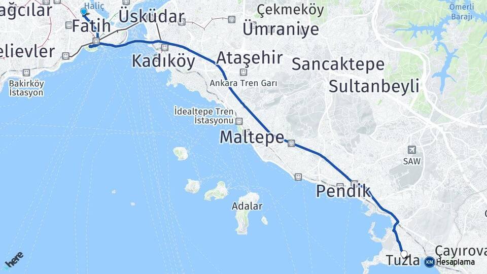 İstanbul Fatih Karagümrük Tuzla Arası Kaç Km - Yol Haritası