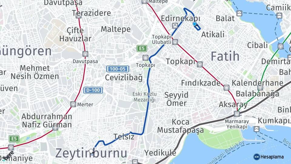 İstanbul Fatih Karagümrük Zeytinburnu Arası Kaç Km - Yol Haritası
