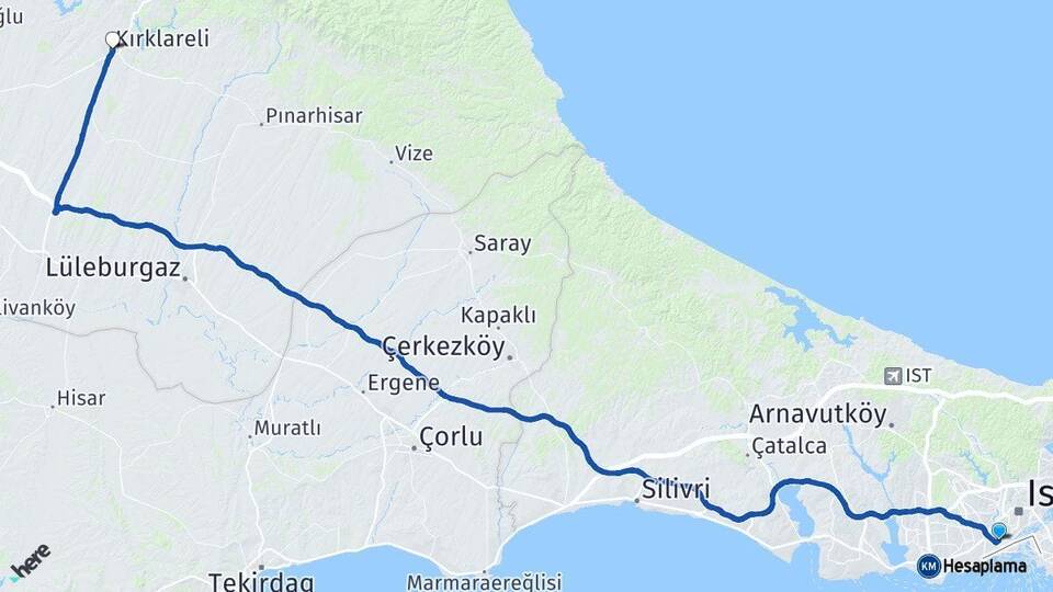 İstanbul Fatih Kırklareli Arası Kaç Km - Yol Haritası