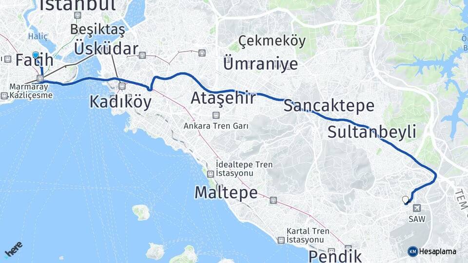 İstanbul Fatih Kurtköy Pendik Arası Kaç Km - Yol Haritası
