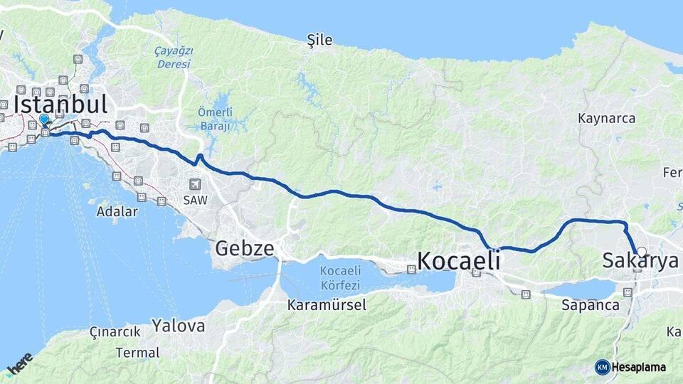 İstanbul Fatih Sakarya Arası Kaç Km - Yol Haritası