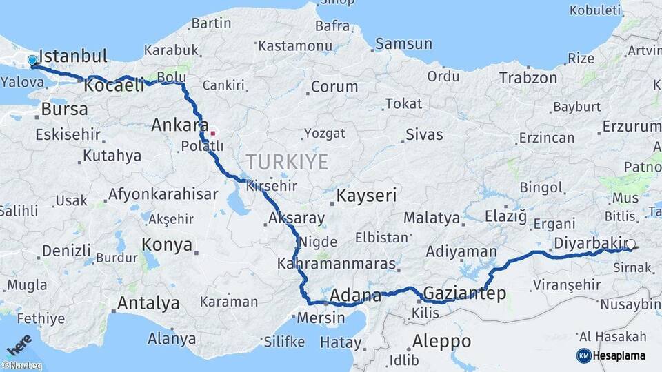 İstanbul Fatih Siirt Arası Kaç Km - Yol Haritası