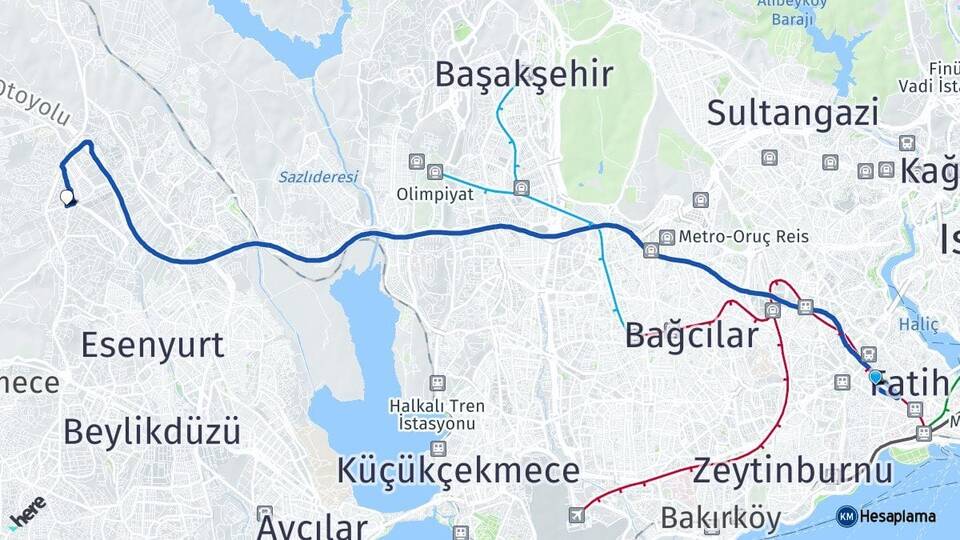 İstanbul Fatih Topkapı Akçaburgaz Esenyurt Arası Kaç Km - Yol Haritası