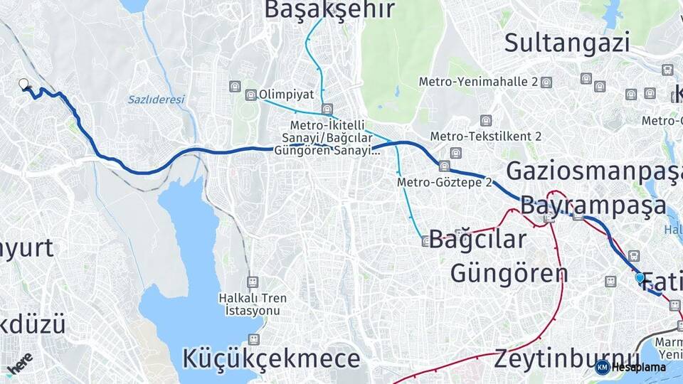 İstanbul Fatih Topkapı Bahçeşehir 2. Kısım Başakşehir Arası Kaç Km - Yol Haritası