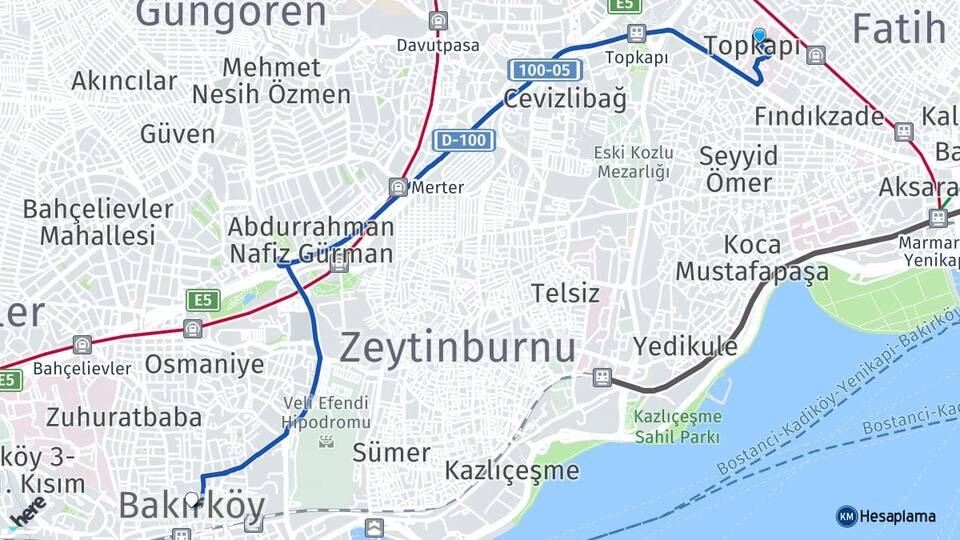 İstanbul Fatih Topkapı Bakırköy Arası Kaç Km - Yol Haritası