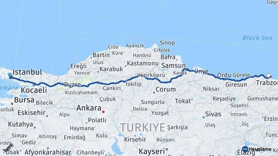 İstanbul Fatih Trabzon Arası Kaç Km - Yol Haritası