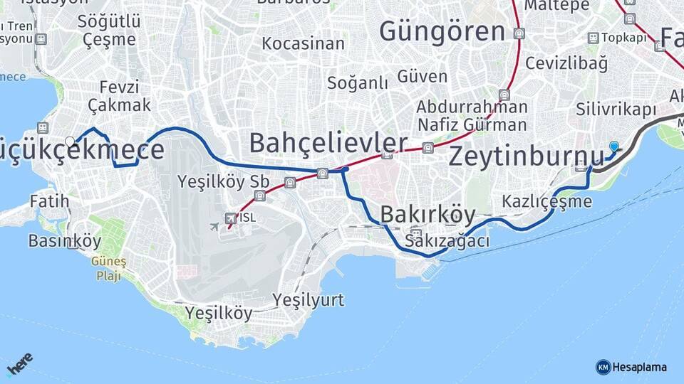 Yedikule Küçükçekmece Arası Kaç Km - Yol Tarifi