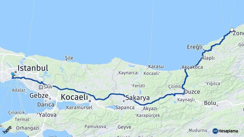 İstanbul Fatih Zonguldak Arası Kaç Km - Yol Haritası