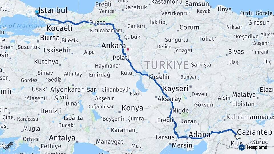 İstanbul Gaziantep Havalimanı Arası Kaç Km - Yol Haritası