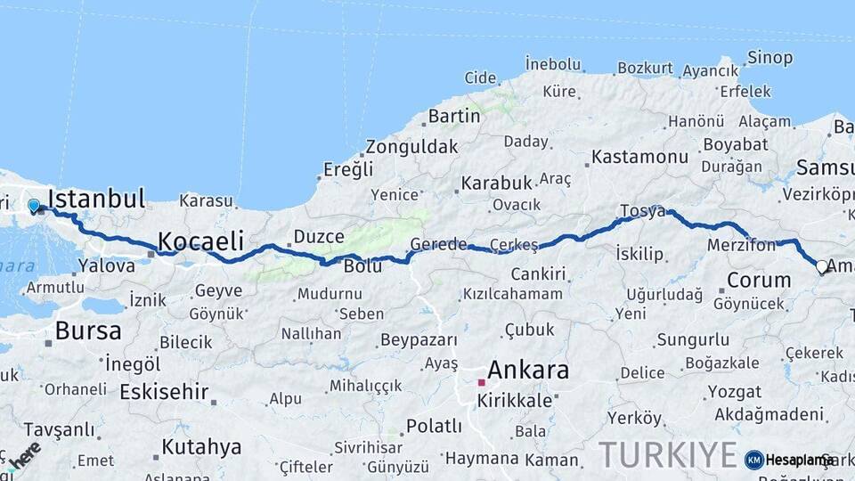İstanbul Gaziosmanpaşa Amasya Arası Kaç Km - Yol Haritası