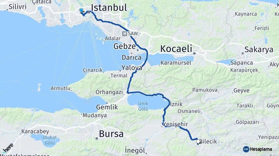 İstanbul Gaziosmanpaşa Bilecik Arası Kaç Km - Yol Haritası