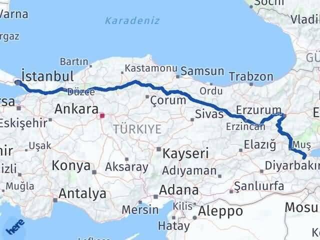 İstanbul Gaziosmanpaşa Bitlis Arası Kaç Km - Yol Haritası