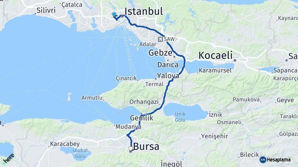 İstanbul Gaziosmanpaşa Bursa Arası Kaç Km - Yol Haritası