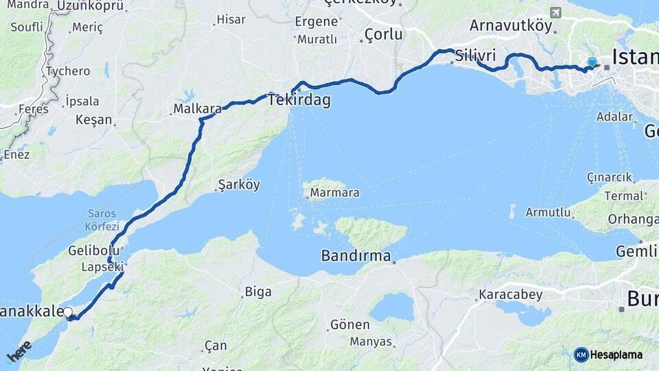 İstanbul Gaziosmanpaşa Çanakkale Arası Kaç Km - Yol Haritası