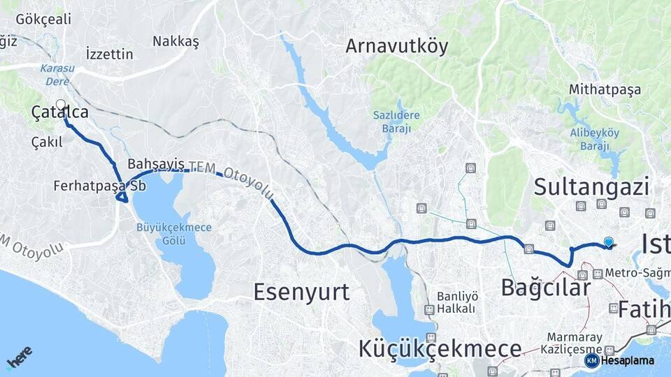 İstanbul Gaziosmanpaşa Çatalca Arası Kaç Km - Yol Haritası